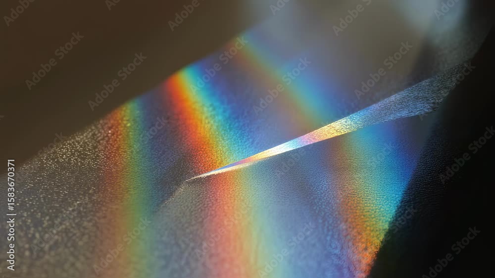 Poster sunlight is diffracting through a wet textured surface, creating a beautiful rainbow effect with vib