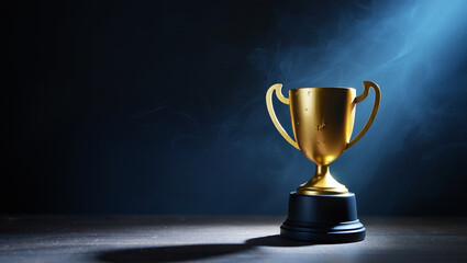 Golden Trophy on Dark Table, Still Life Photography, Elegant Atmosphere, Focused Viewpoint