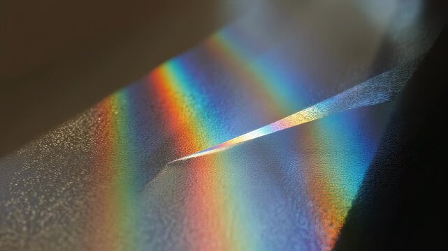 Sunlight is diffracting through a wet textured surface, creating a beautiful rainbow effect with vibrant colors and interesting light patterns