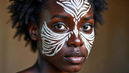 Portrait of an African woman with a painted face with national patterns , ritual,
