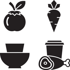 Organic Food Silhouette Icon Pack – Minimalist Vegetables, Bowls, Meat Cut, and Drink Symbols