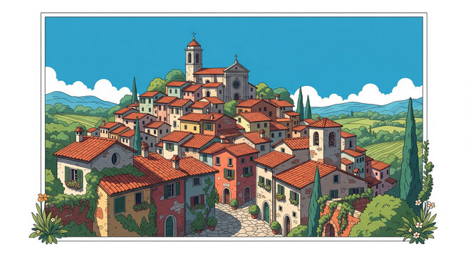 A charming illustration depicts a picturesque Italian village nestled on a sunny hillside.