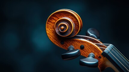 Close-up violin scroll, dark background