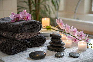 Serene spa setting with stacked dark towels smooth stones and delicate pink orchids