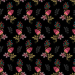 Abstract seamless color full paisley fabric effect small flower leaf  bunch pattern black background design