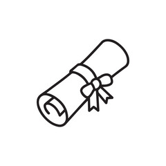 A simple, clean black outline icon of a rolled diploma or certificate tied with a ribbon and bow. Ideal for representing academic achievement, graduation, or official documents.