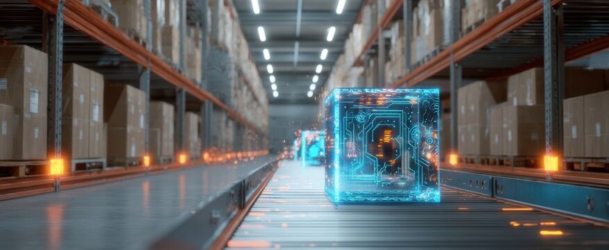 The futuristic warehouse showcasing automated technology and glowing data cubes.