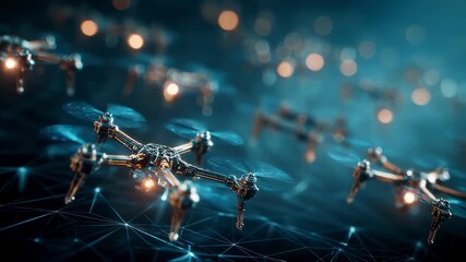 Many drones are flying and creating a network connection, symbolizing advanced technology, automation, and the future of delivery and surveillance - Powered by Adobe