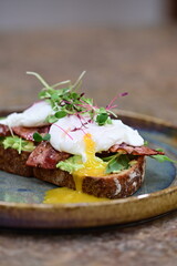 Avocado Toast with Poached Eggs, Bacon and Microgreens – Gourmet Breakfast Close-Up