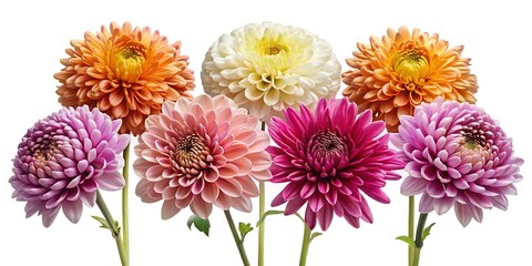 Beautiful arrangement of colorful dahlia flowers with stems on a white background