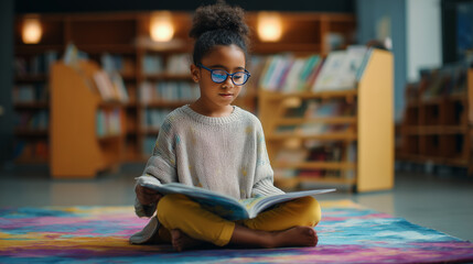 Young black girl reading a large picture book while sitting cross legged on a colorful rug inside a cozy vibrant library corner. 