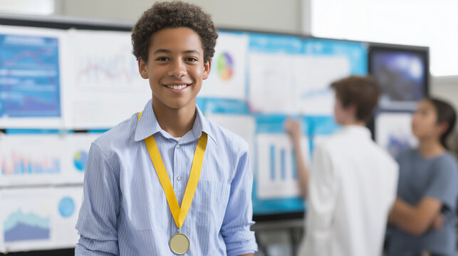 Teenage boy proudly wearing a science fair medal while standing next to a presentation board with graphs and illustrations at school. 