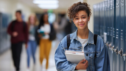 Young latina female student with curly hair smiling while standing in school hallway holding notebooks near lockers with blurred classmates walking in background. 