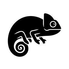 Obraz premium Chameleon silhouette vector graphic. Stylized black lizard icon with a curled spiral tail for logo design, silhouette