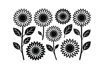 Collection of stylized black and white sunflower silhouettes with leaves
