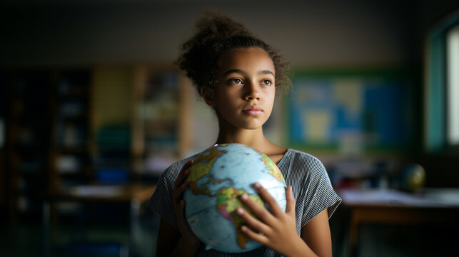Young student girl holding a globe with thoughtful expression inside a classroom setting with warm light and blurred background. Globalization concept. 
