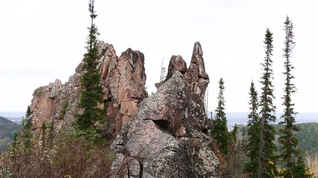 Fir trees against the backdrop of huge, harsh rocks on a cloudy autumn day.
