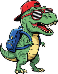 Fototapeta premium Cool Cartoon Dinosaur Wearing Red Cap, Sunglasses, and Blue Backpack – Fun and Playful T-Rex Character Illustration for Kids, Education, and Entertainment