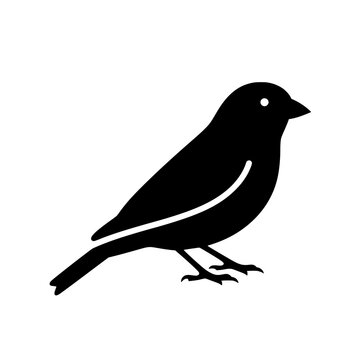 Minimalist vector graphic of a small songbird silhouette. Simple black finch or sparrow icon on a white background, silhouette