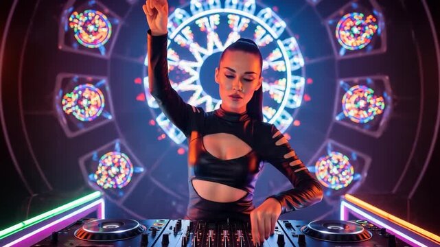 Explosive mix of music and light: a charismatic female DJ at the console against the backdrop of bright geometric patterns. An energetic female DJ creates a festive atmosphere to the rhythms of music.