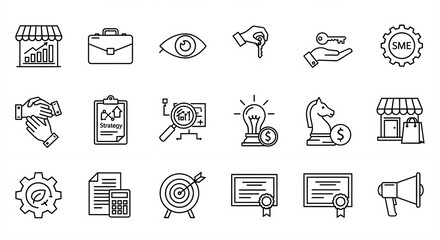A grid of sixteen business-related line icons on a white background.