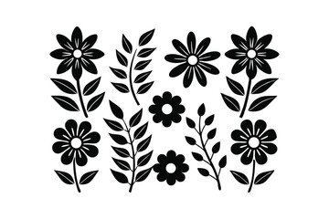 A collection of stylized black flowers and leaves on a white background
