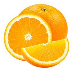Half Orange Standing Upright with Slice Leaned Against It, Natural Angle, PNG Isolated