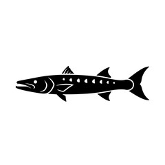 Obraz premium Vector silhouette of a great barracuda fish. Isolated black icon of a predatory ocean animal on white, silhouette
