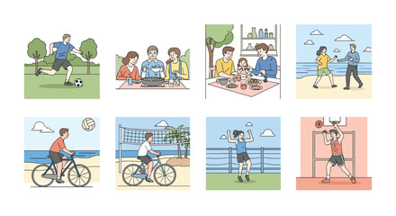 Diverse group activities showcasing people enjoying sports and social gatherings outdoors and indoors