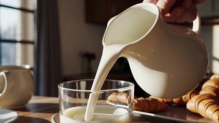 fresh milk is smoothly poured into a glass from a ceramic jug on rustic wooden table ideal for wholesome food concepts dairy farming scenes or homemade beverage visuals in a cozy kitchen setting - Powered by Adobe