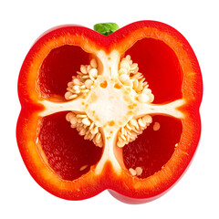 Red Sweet Bell Pepper Cut in Half, Showing Seeds, Top View, Isolated on Transparent Background