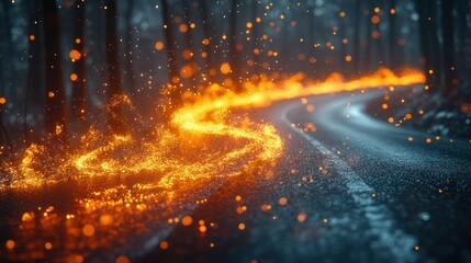 Forest road ablaze with fiery sparks