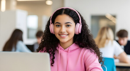 Teen girl with headphones using laptop, focused on e-learning