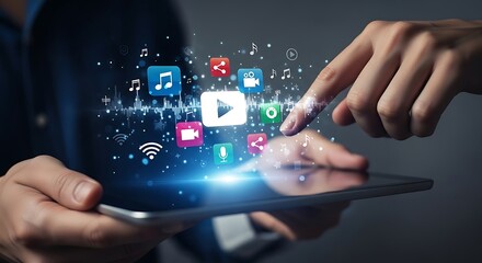 Person using a tablet with floating multimedia icons and bright light