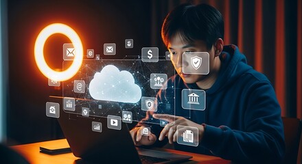 Asian Man Interacting with Cloud Computing Interface on Laptop for Data Storage