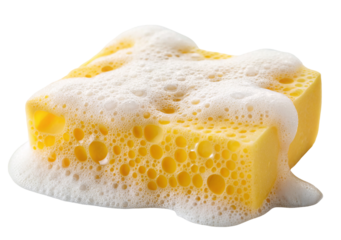 Yellow sponge covered with white foamy suds isolated on a clean white background for cleaning
