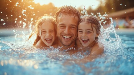 Happy father and daughters splashing in pool