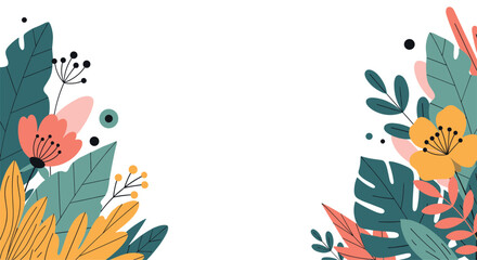 Vibrant tropical floral arrangement border with lush greenery and exotic blooms perfect for summer celebration invitations and decorations
