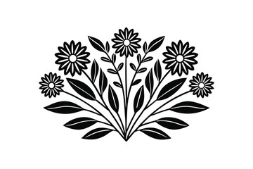 Stylized black and white floral arrangement with daisy like flowers