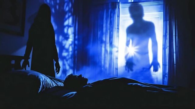Shadow person hovers over a sleeping person, supernatural evil apparition, sleep paralysis.