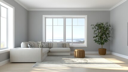 Fototapeta premium Designing a contemporary living room in a sunlit space with pale gray walls and modern furniture