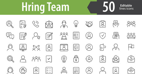 Hiring Team Line Icons, Recruiter, Interview Panel, HR Manager, Resume Review, Shortlisting, Editable Formats: AI, EPS, PNG, Ideal for Both UI and Print Media Use

