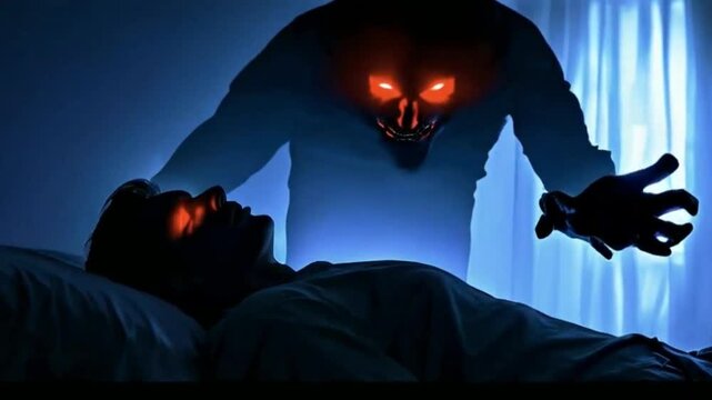 Shadow person with glowing red eyes hovers over a sleeping person, supernatural evil apparition, sleep paralysis