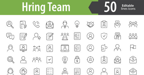 Hiring Team Line Icons, Recruiter, Interview Panel, HR Manager, Resume Review, Shortlisting, Editable Formats: AI, EPS, PNG, Ideal for Both UI and Print Media Use
