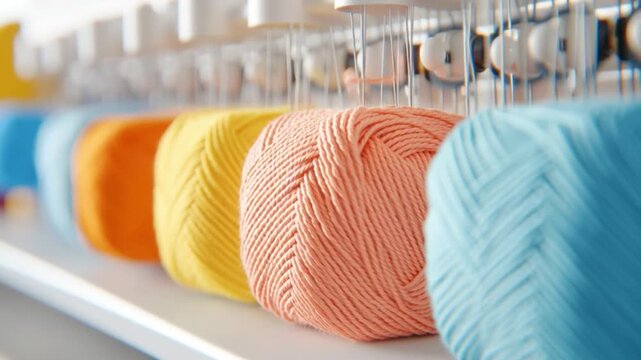 Vibrant Yarn in Production: A captivating close-up captures an array of colorful yarn balls, their soft textures and hues showcased against the backdrop of a textile factory
