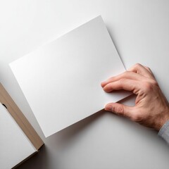 Hand sliding blank paper on a wooden table