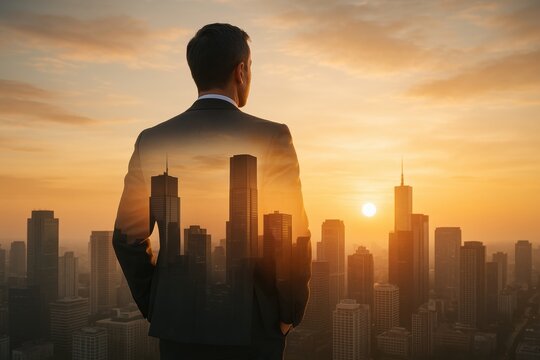 Visionary's Gaze: A distinguished executive stands tall, his gaze fixed upon a dynamic cityscape at dusk, encapsulating ambition and strategic foresight. 