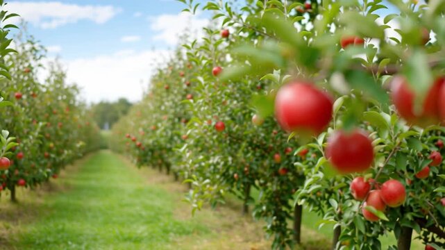 Apple Orchard: A vivid vista of a sprawling apple orchard, with rows of lush trees laden with ripe, red apples, set under a clear, bright blue sky.