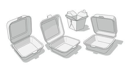 Collection of clamshell food containers in various open positions showcasing their versatile packaging solutions for takeout and delivery services