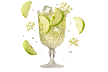 Refreshing apple and elderflower drink on transparent background, isolated